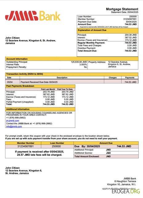 Modèle Word et PDF de relevé hypothécaire de la Jamaica JMMB Bank Limited
